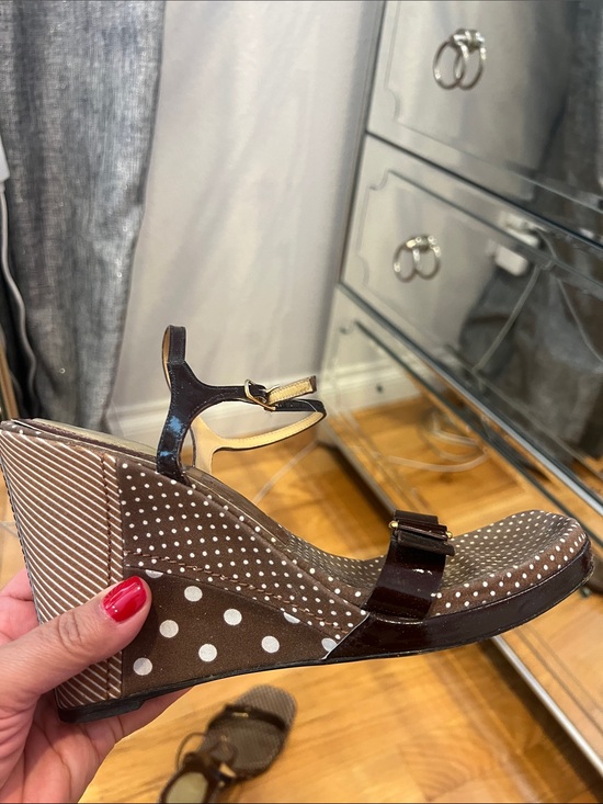 Casadei Shoes - Casadei Brown Patent Leather Polka Dot Wedge Sandals
